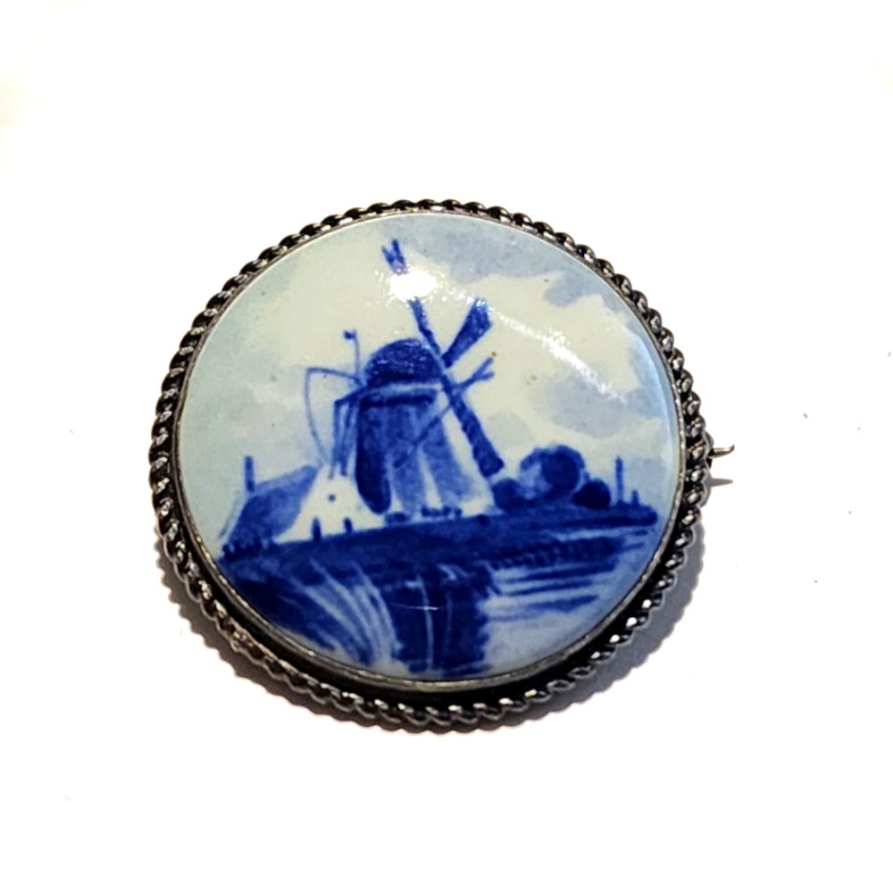 50's Rare Holland Windmill Porcelain Lapel Pin Hand Painted Souvenir Brooch Vtg